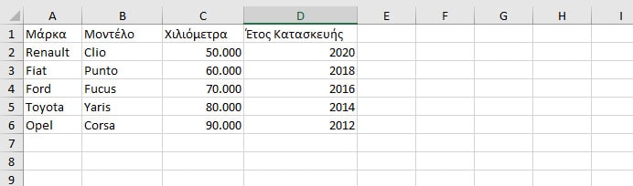 δεύτερη άσκηση εισαγωγής στο excel