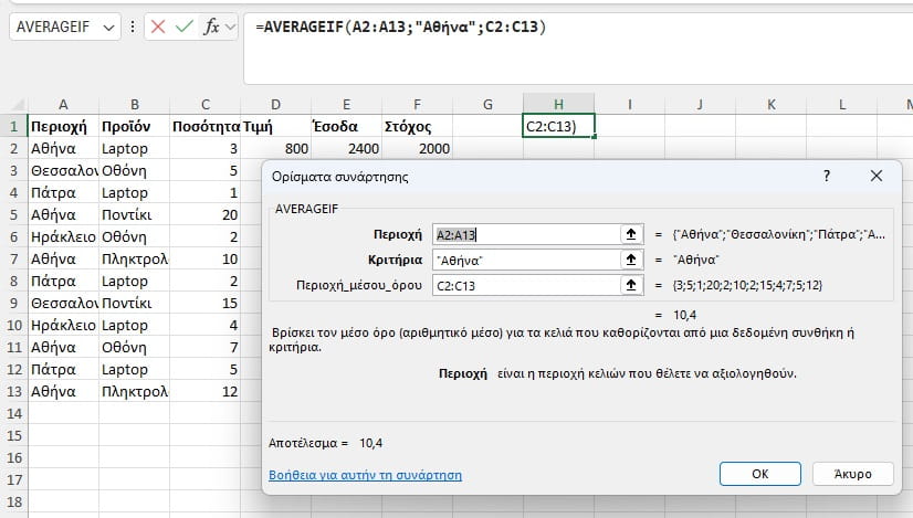 averageif στο excel με τα ορίσματα της συνάρτησης