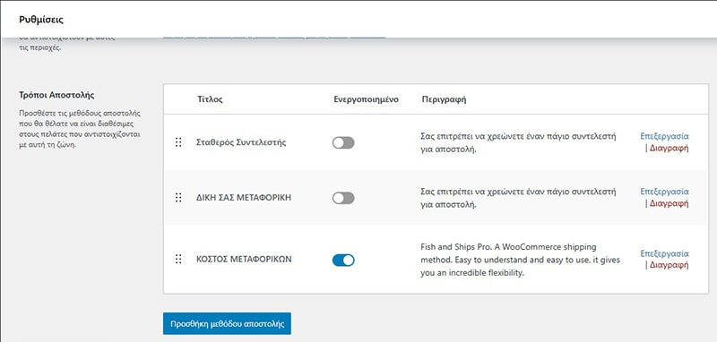 τρόποι αποστολής στο woocommerce