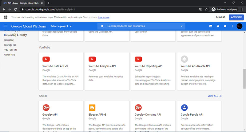 επιλέγουμε YouTube Data API έκδοση v3